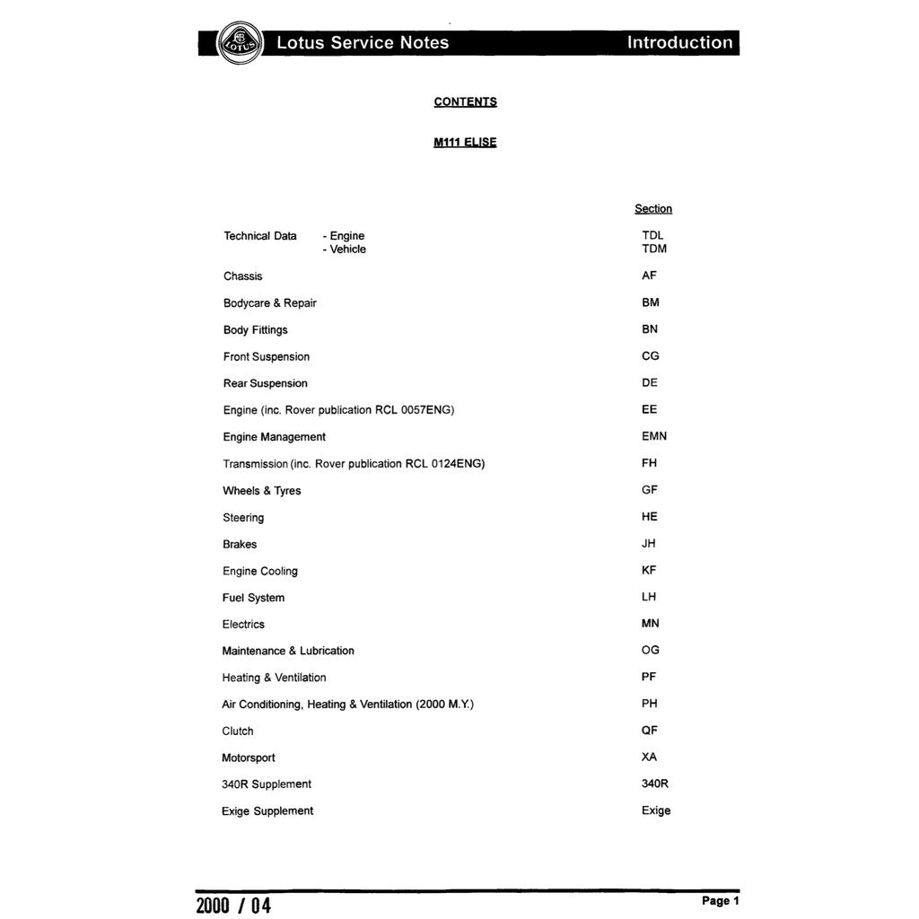 LOTUS ELISE S1 M111 1994-2001 Full Manual Set – SERVICE NOTE WORKSHOP MANUAL