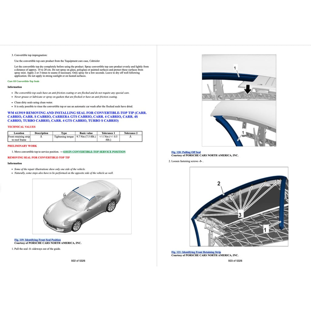 PORSCHE 911 991.1 2011-2016 Full Manual Set – CONVERTIBLE TOP SERVICE REPAIR MANUAL