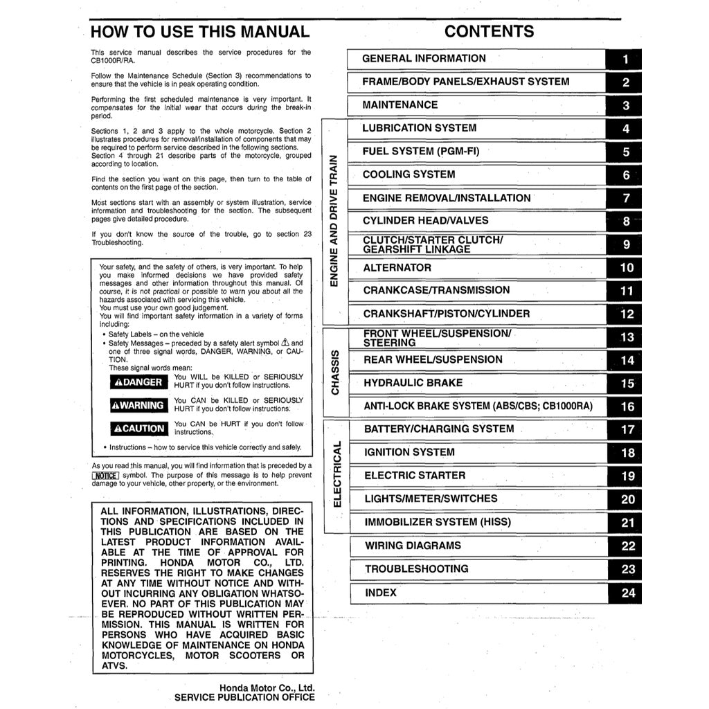 HONDA CB1000R SC60 2009-2017 Full Manual Set – Repair & Maintenance Manual and User Handbook / CB 1000 R
