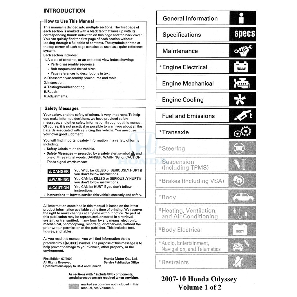 HONDA ODYSSEY RL 2007-2010 Full Manual Set – Repair & Maintenance Manual