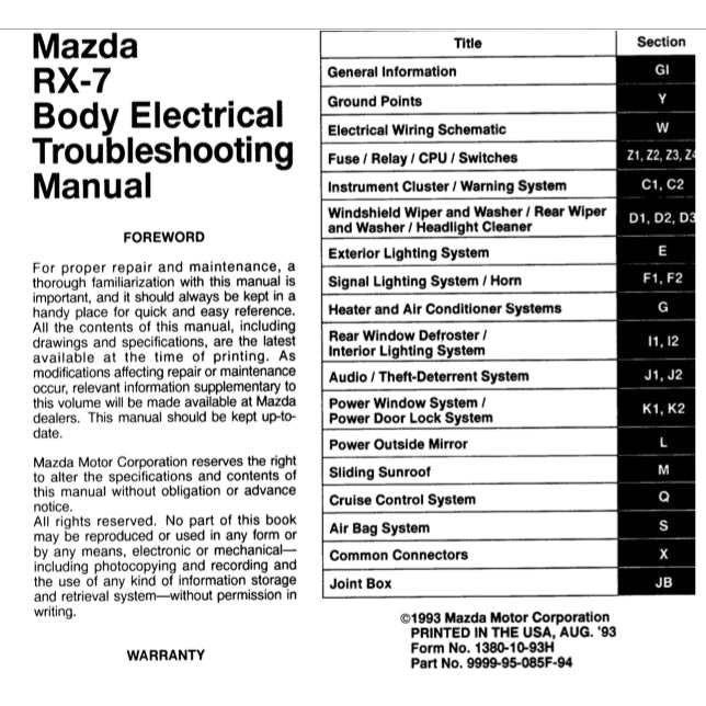 MAZDA RX-7 FD 1993-1997 Full Manual Set – Repair & Maintenance Manual and WIRING DIAGRAM and ELECTRICAL TROUBLESHOOTING MANUAL