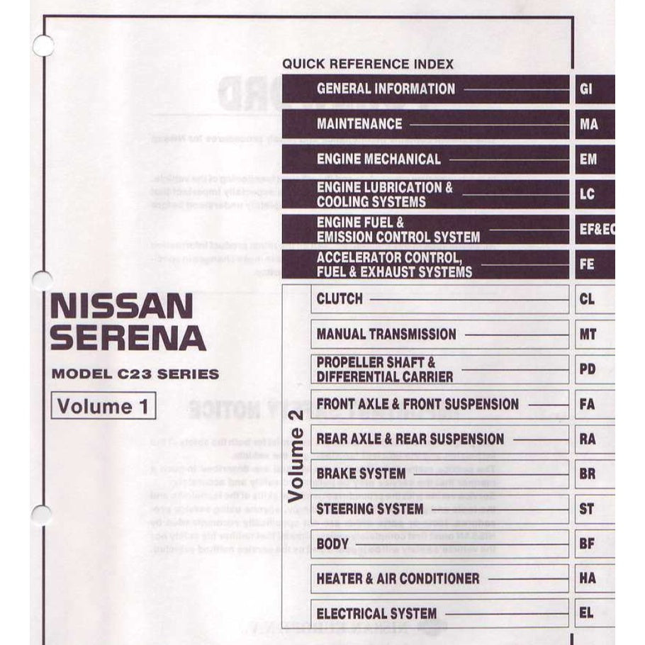 NISSAN SERENA C23 1991-2001 Full Manual Set – Repair & Maintenance Manual