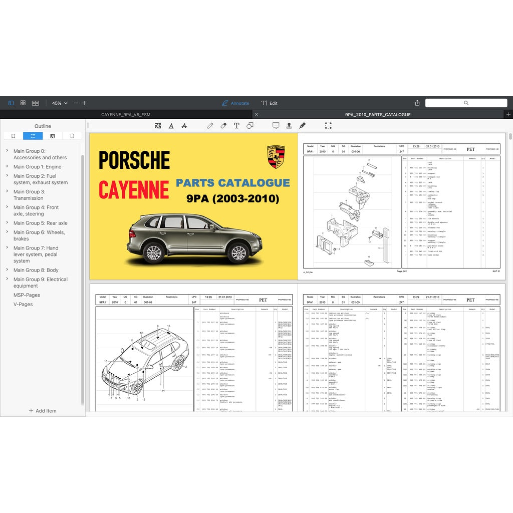 PORSCHE CAYENNE 955 9PA 2003-2008 Full Manual Set – Repair & Maintenance Manual and Spare Parts Catalog