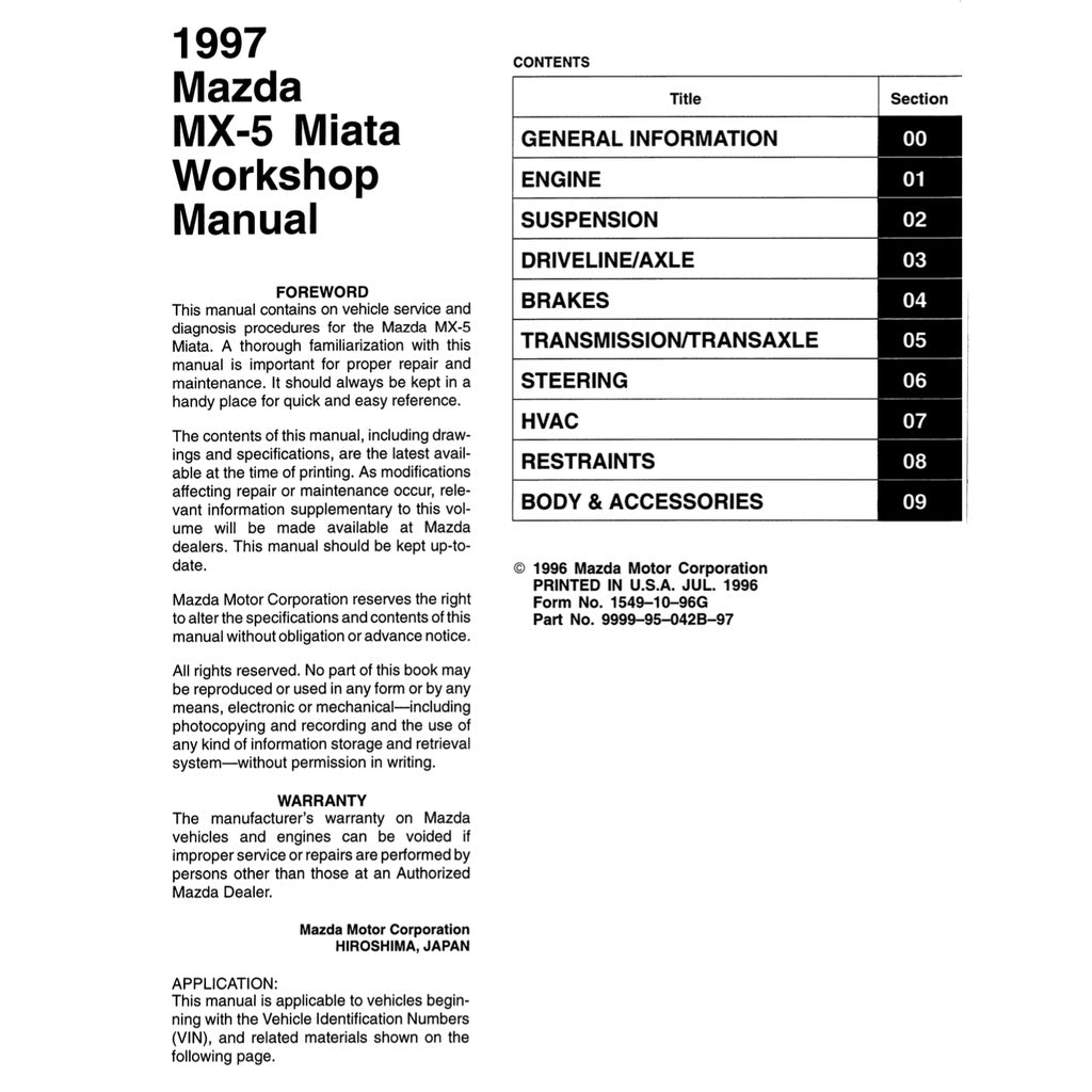 MAZDA MX-5 MIATA NA SERIES 1997 Full Manual Set – Repair & Maintenance Manual