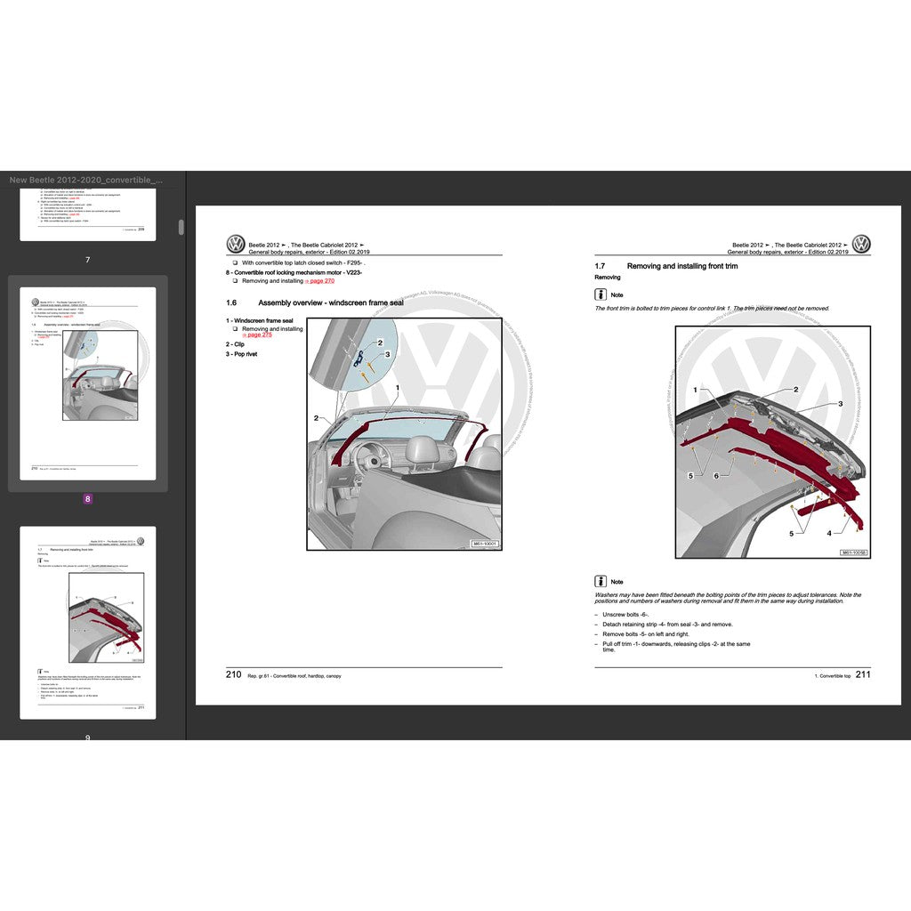 VW NEW BEETLE A5 2011-2019 Full Manual Set – CONVERTIBLE TOP Repair & Maintenance Manual