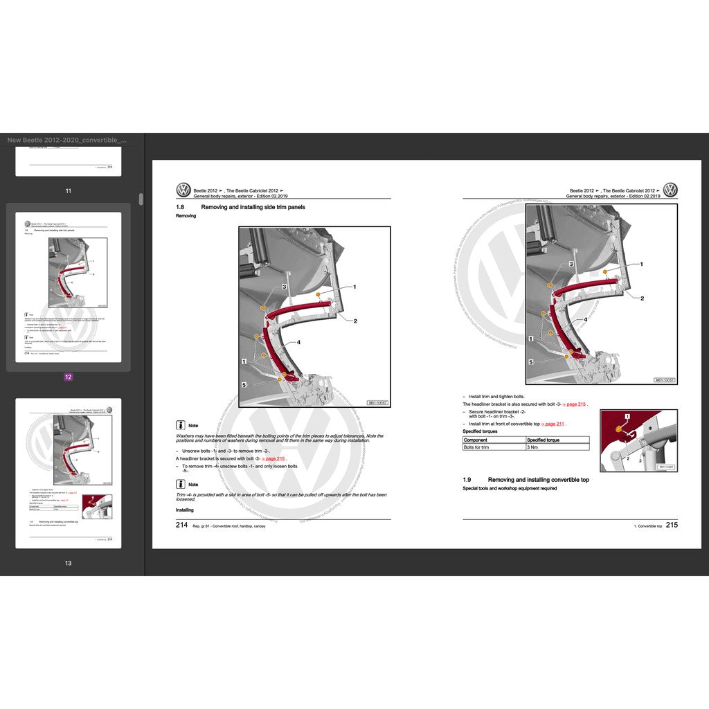 VW NEW BEETLE A5 2011-2019 Full Manual Set – CONVERTIBLE TOP Repair & Maintenance Manual