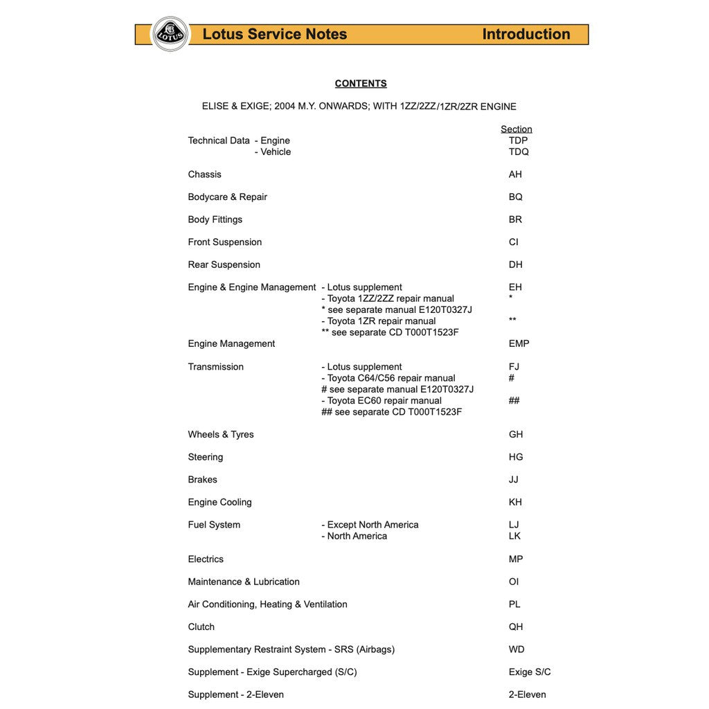 LOTUS ELISE S2 & EXIGE 2004-2011 Full Manual Set – SERVICE NOTES WORKSHOP MANUAL
