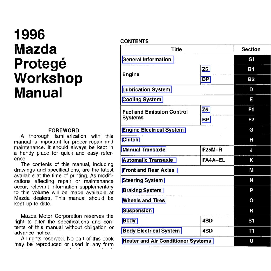 MAZDA 323 FAMILIA / PROTEGE BH 1994-1998 Full Manual Set – Repair & Maintenance Manual