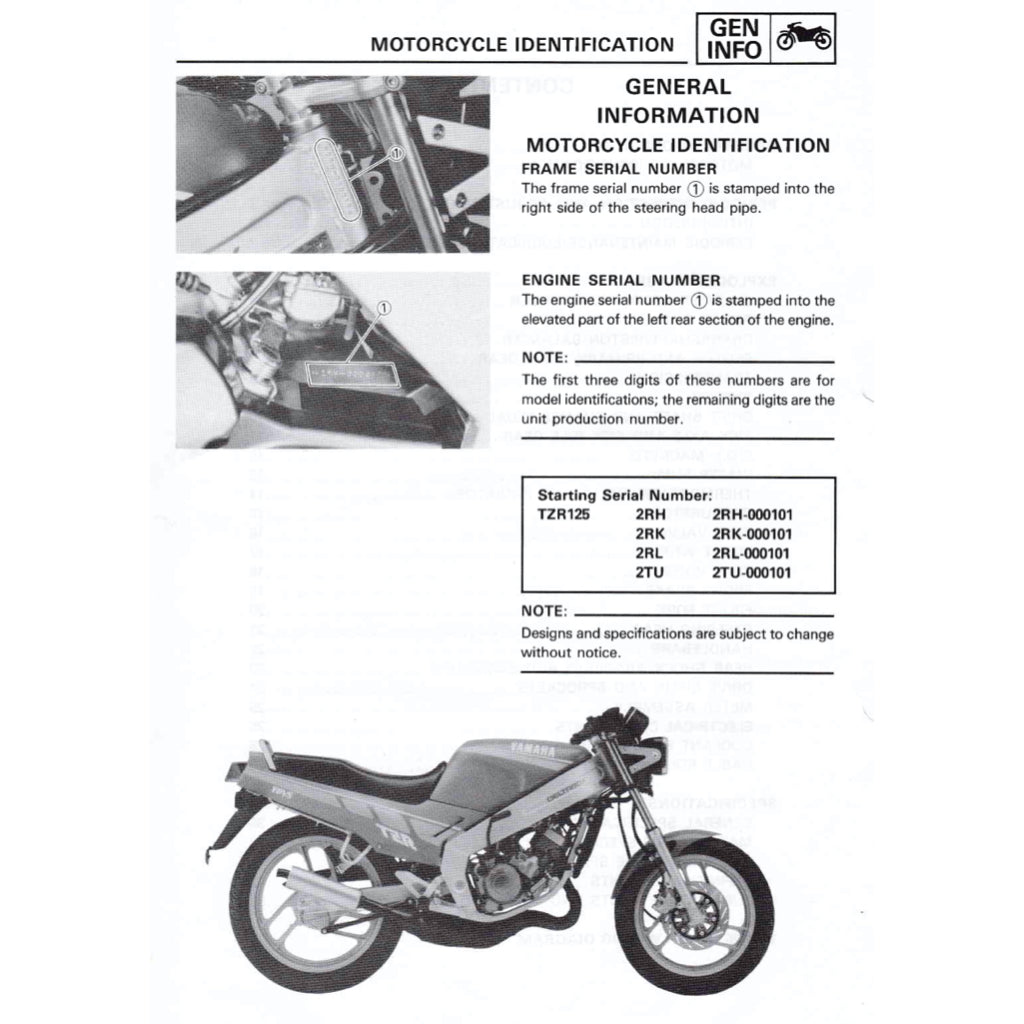 YAMAHA TZR125 1987-1996 Full Manual Set – Repair & Maintenance Manual and Spare Parts Catalog and User Handbook