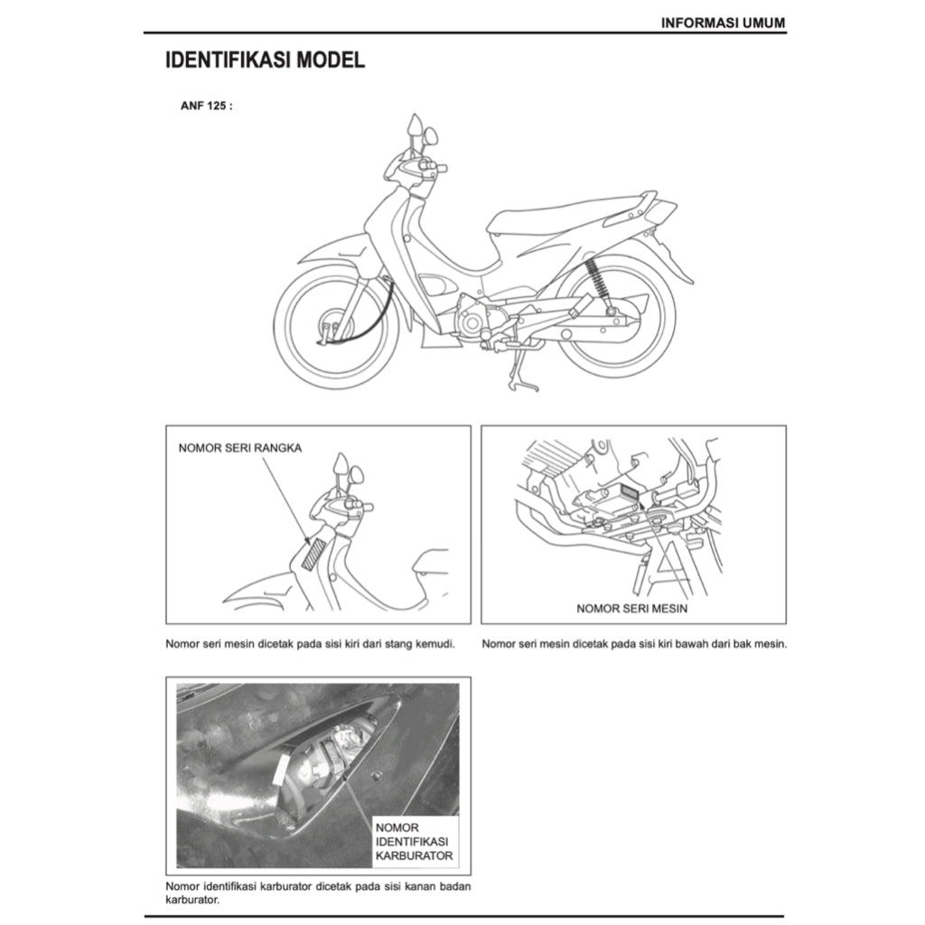 HONDA KARISMA 125 ANF 125 2002+ Full Manual Set – Repair & Maintenance Manual and Spare Parts Catalog / BUKU PEDOMAN REPARASI and KATALOG BAHAGIAN
