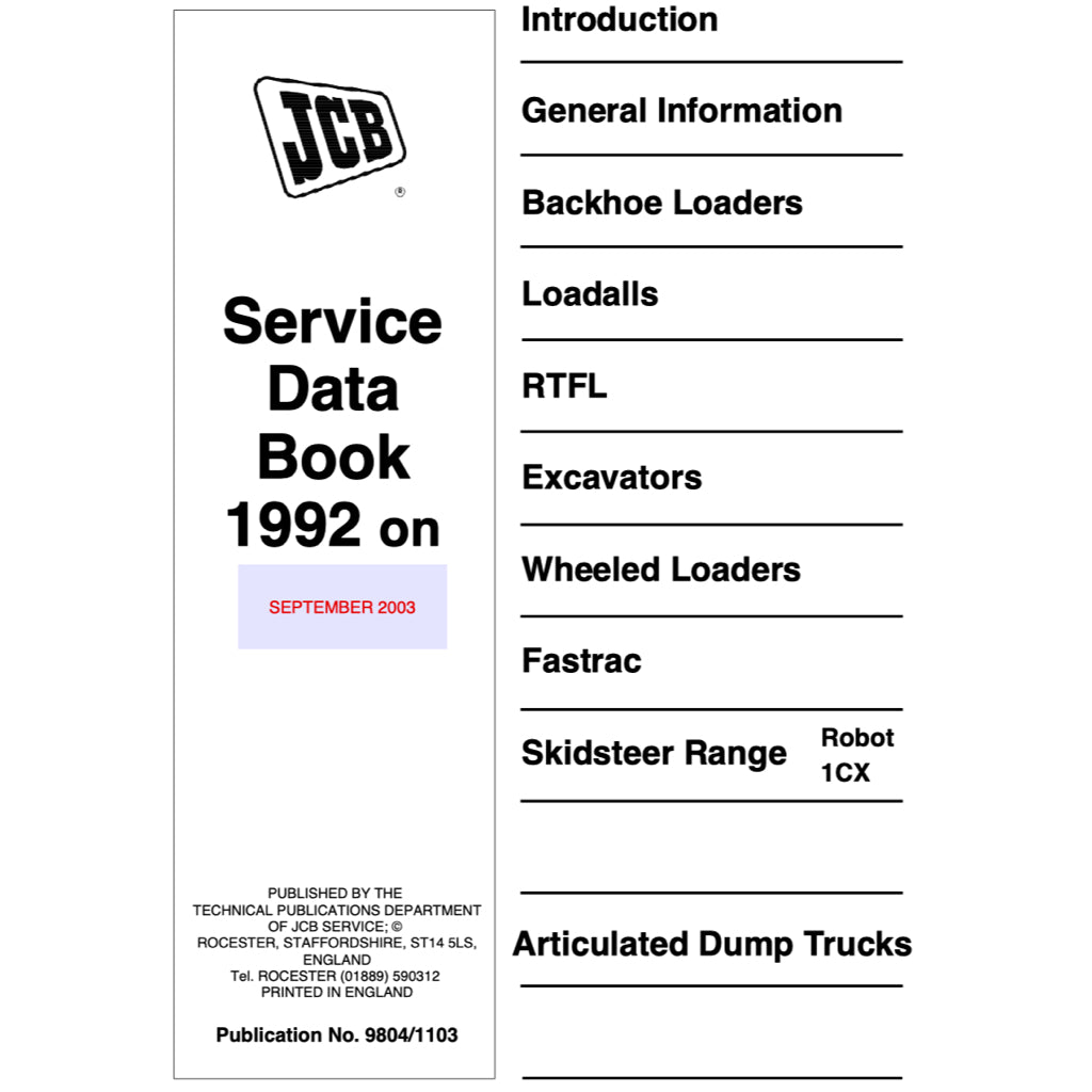 JCB SERVICE DATA BOOK 1992-2003 Full Manual Set – LOADERS / EXCAVATORS / RTFL / FASTRAC